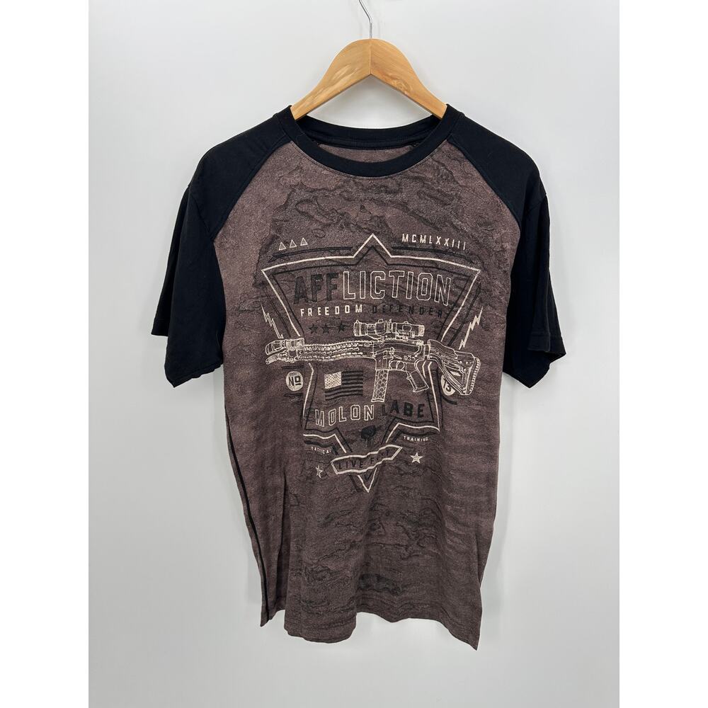 Affliction Freedom Defense Tee Size‎ XL Brown Black Grunge Biker Casual T-Shirt